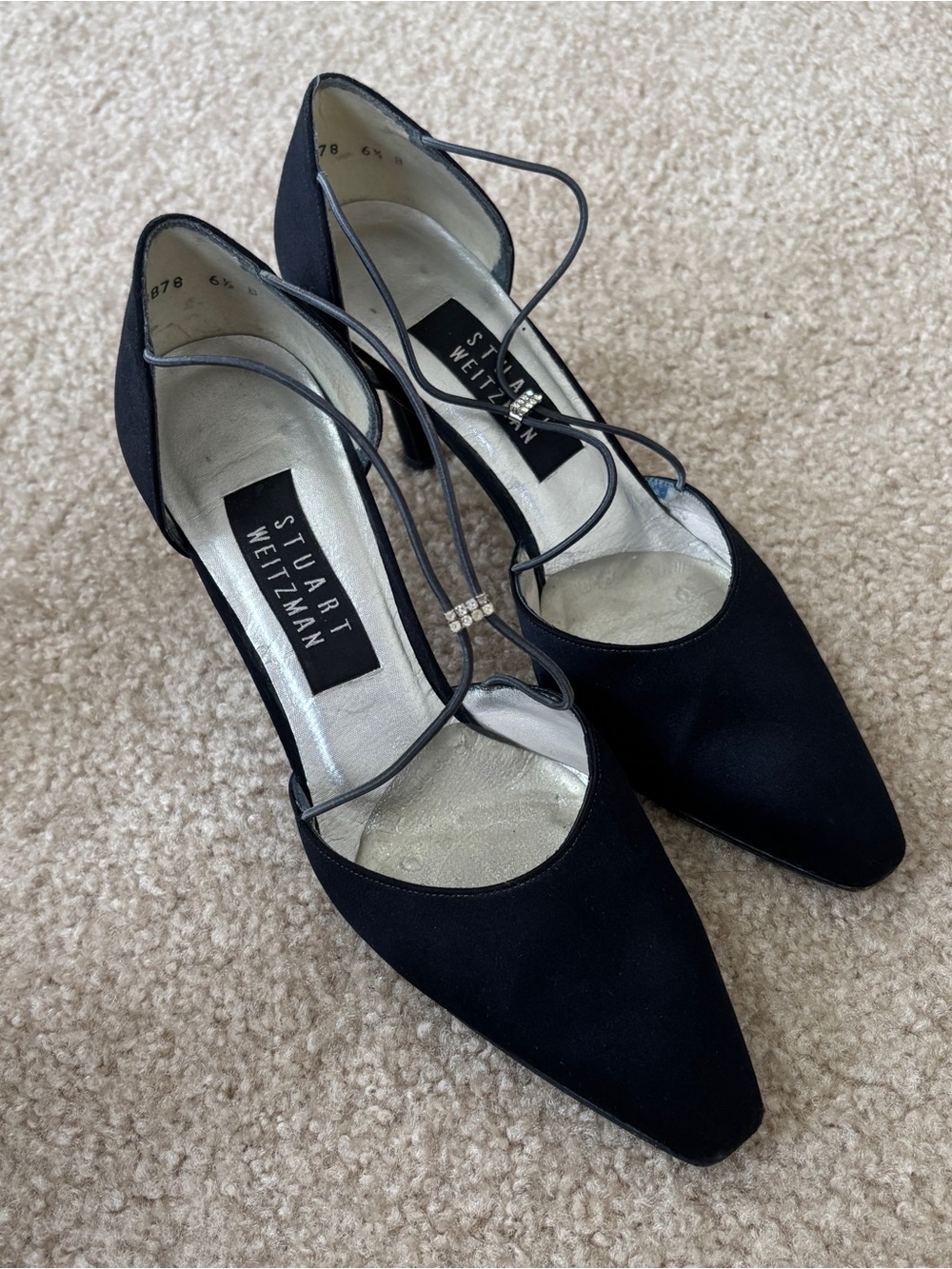 Vintage Stuart Weitzman Black Satin Rhinestone Strappy Kitten Heels - Size 6.5B